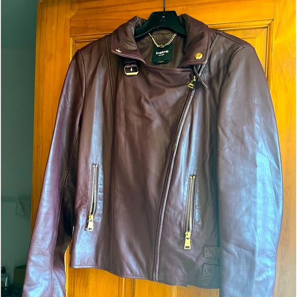 Bebe Burgundy Leather Jacket with Gold Hardware - Picture 2 of 10